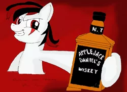 Size: 1024x744 | Tagged: safe, artist:vittorionobile, derpibooru import, oc, oc:blackjack, unofficial characters only, pony, unicorn, fallout equestria, fallout equestria: project horizons, fanfic, alcohol, applejack daniel's, bottle, fanfic art, female, hooves, horn, mare, smiling, solo, teeth, text, whiskey