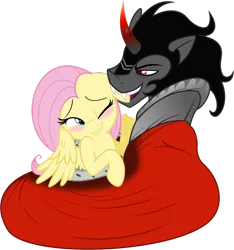 Size: 864x924 | Tagged: artist:kysss90, artist:mickeymonster, bedroom eyes, blushing, crack shipping, cute, derpibooru import, ear bite, fangs, female, fluttershy, grin, hug, king sombra, male, safe, shipping, simple background, smiling, sombrashy, spread wings, straight, transparent background, wink