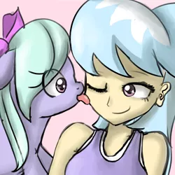 Size: 900x900 | Tagged: safe, artist:speccysy, derpibooru import, cloudchaser, flitter, human, pegasus, pony, cute, eye clipping through hair, face licking, female, humanized, licking, mare, one eye closed, pony pet