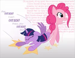 Size: 1017x785 | Tagged: safe, artist:ultrathehedgetoaster, derpibooru import, pinkie pie, twilight sparkle, twilight sparkle (alicorn), alicorn, pony, catdog, conjoined, dialogue, female, fusion, gradient background, hedgetoaster hybrid, lol, mare, pushmi-pullyu, wat, we have become one, weird, what has science done, wtf