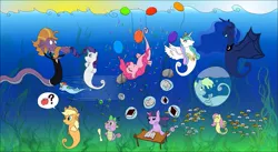 Size: 1207x662 | Tagged: apple, applejack, artist:ultrathehedgetoaster, balloon, book, bubble, clothes, derpibooru import, derpy hooves, fish, fluttershy, mane six, pinkie pie, princess celestia, princess luna, question mark, rainbow dash, rarity, safe, scroll, sea pony, seapony applejack, seapony celestia, seapony fluttershy, seapony luna, seapony pinkie pie, seapony rainbow dash, seapony rarity, seapony twilight, seaweed, species swap, speech bubble, spike, steven magnet, suit, swimming, tuxedo, twilight sparkle, underwater, water