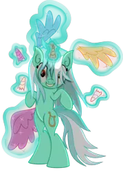 Size: 5500x7700 | Tagged: semi-grimdark, artist:radiationalpha, derpibooru import, lyra heartstrings, pony, absurd resolution, bipedal, broken horn, female, glowing horn, implied murder, insanity, irrational exuberance, looking at you, magic, mare, severed wing, simple background, solo, telekinesis, transparent background, vector