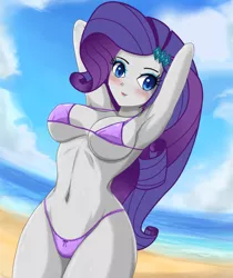 Size: 680x809 | Tagged: suggestive, artist:rammbrony, artist:sigurd hosenfeld, derpibooru import, edit, rarity, equestria girls, armpits, beach, belly button, bikini, blushing, breasts, busty rarity, clothes, colored skin, female, hairclip, image, png, raripanty, solo, solo female, swimsuit
