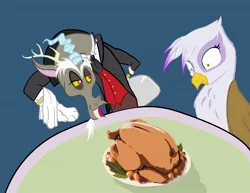 Size: 1650x1275 | Tagged: safe, artist:d-lowell, derpibooru import, discord, gilda, draconequus, gryphon, turkey, butler, cooked, dead, female, food, implied cannibalism, male, table, thanksgiving, twitch, wide eyes