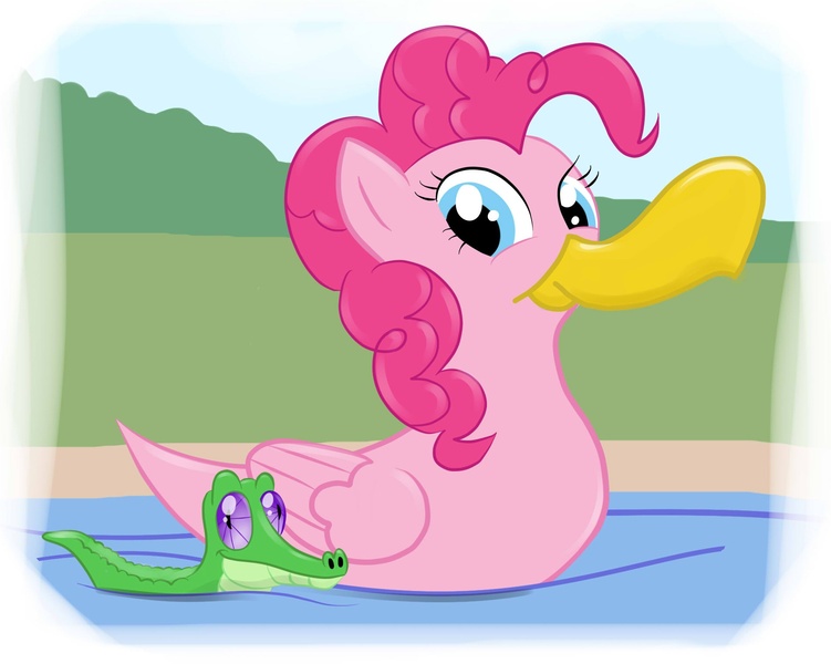 Size: 1910x1526 | Tagged: artist:mistergi, derpibooru import, duck, gummy, pinkie pie, pond, safe, species swap, water