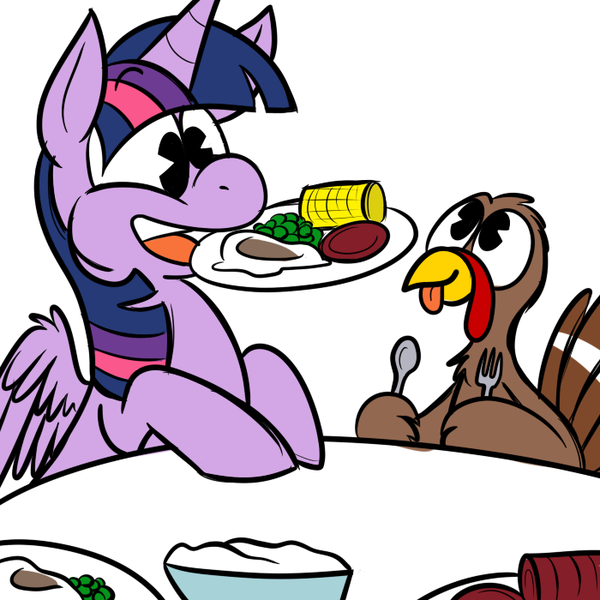 Size: 700x700 | Tagged: safe, artist:karpet-shark, derpibooru import, twilight sparkle, twilight sparkle (alicorn), alicorn, pony, turkey, twily-daily, corn, female, food, knife, mare, mashed potatoes, mouth hold, pea, simple background, spoon, table, thanksgiving