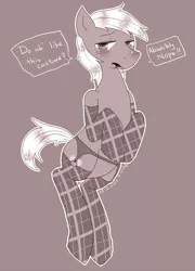 Size: 433x600 | Tagged: suggestive, artist:divided-s, derpibooru import, big macintosh, pony, bipedal, blushing, checkered socks, clothes, crossdressing, garters, male, socks, solo, solo male, stockings