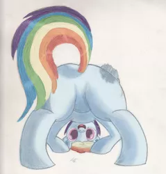 Size: 1174x1229 | Tagged: artist:kittyhawk-contrail, colored, derpibooru import, featureless crotch, looking back, looking between legs, plot, rainbow dash, solo, suggestive, upside down