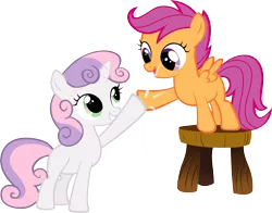 Size: 6000x4714 | Tagged: absurd resolution, artist:fabulouspony, derpibooru import, hoofbump, safe, scootaloo, simple background, stool, sweetie belle, transparent background, vector