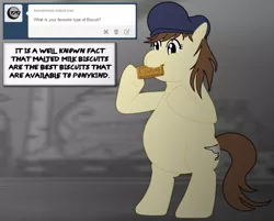 Size: 2467x1985 | Tagged: ask, biscuits, british, chubby, coal miner, derpibooru import, eating, english, fat, gravy, gravy boat, hat, malted milks, northerner, oc, oc:pit pone, safe, solo, tumblr, unofficial characters only