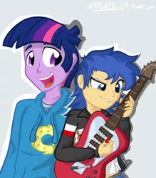 Size: 2550x2912 | Tagged: safe, artist:anname219, derpibooru import, flash sentry, twilight sparkle, equestria girls, clothes, dusk shine, duskflare, equestria guys, female, flare warden, flashlight, guitar, hoodie, male, rule 63, shipping, straight, wondercolts