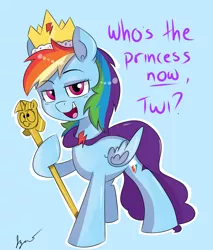 Size: 4999x5868 | Tagged: absurd resolution, alicorn, alicornified, artist:bloodyhellhayden, cape, clothes, crown, derpibooru import, dialogue, princess, race swap, rainbowcorn, rainbow dash, regal, safe, scepter, solo, twilight scepter