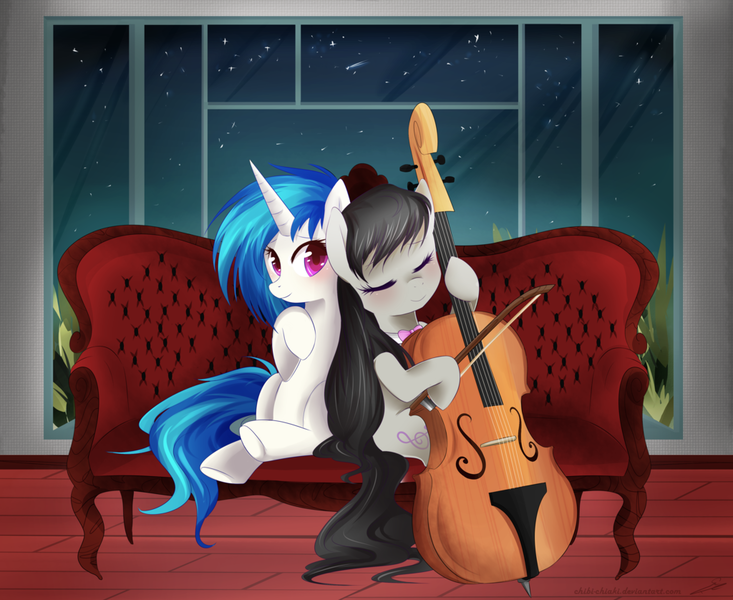 Size: 1024x838 | Tagged: safe, artist:chokico, derpibooru import, octavia melody, vinyl scratch, cello, couch, female, lesbian, musical instrument, scratchtavia, shipping, stars