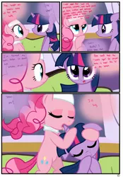 Size: 1741x2500 | Tagged: suggestive, artist:pyruvate, derpibooru import, pinkie pie, twilight sparkle, earth pony, pony, unicorn, comic:the usual, comic, female, horn, horn licking, hornjob, lesbian, licking, shipping, spa, spa pony pinkie pie, twinkie, unicorn twilight