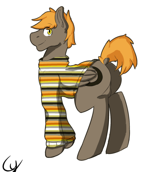 Size: 1280x1352 | Tagged: artist:cyborgpony, balls, bottomless, clothes, derpibooru import, male, oc, oc:umber, partial nudity, plot, questionable, side view, simple background, solo, solo male, sweater, transparent background, unofficial characters only
