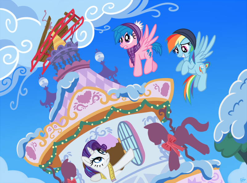 Size: 973x720 | Tagged: artist:sorcerushorserus, carousel boutique, clothes, crash, derpibooru import, firefly, flying, g1, hat, measuring tape, rainbow dash, rarity, safe, scarf, sled, snow, winter