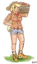 Size: 516x900 | Tagged: apple, applejack, artist:king-kakapo, bandaid, basket, carrying, clothes, daisy dukes, derpibooru import, half barrel, human, humanized, light skin, safe, solo, sweat, working