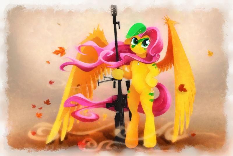 Size: 4000x2690 | Tagged: safe, artist:shaadorian, derpibooru import, fluttershy, pegasus, pony, beret, bipedal, bodypaint, dog tags, face paint, female, floppy ears, gun, hooves, mare, op 96 falcon, optical sight, rifle, sniper rifle, snipershy, solo, spread wings, war paint, weapon, windswept mane, wings