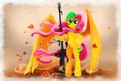 Size: 4000x2690 | Tagged: safe, artist:shaadorian, derpibooru import, fluttershy, pegasus, pony, beret, bipedal, bodypaint, dog tags, face paint, female, floppy ears, gun, hooves, mare, op 96 falcon, optical sight, rifle, sniper rifle, snipershy, solo, spread wings, war paint, weapon, windswept mane, wings