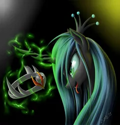 Size: 1173x1222 | Tagged: safe, artist:zigword, derpibooru import, king sombra, queen chrysalis, changeling, changeling queen, crown, eyes on the prize, female, magic, open mouth, smiling, solo, telekinesis, tongue out