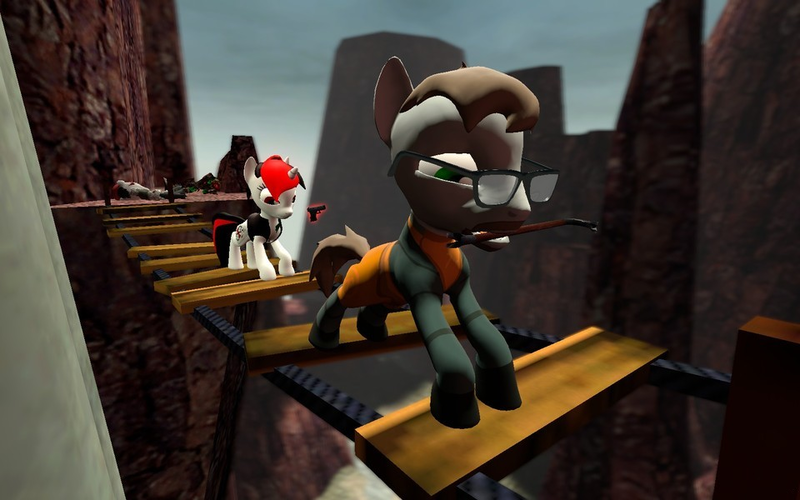 Size: 960x600 | Tagged: 3d, alien slave, artist:pinkie diane roosevelt phd, bridge, crowbar, derpibooru import, fallout equestria, fallout equestria: project horizons, glock 18, gmod, gordon freeman, gordon freemane, half-life, h.e.c.u., oc, oc:blackjack, ponified, safe, soldier, vortigaunt