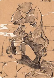 Size: 410x588 | Tagged: safe, artist:mi-eau, derpibooru import, rarity, pony, unicorn, beatnik rarity, beret, clothes, coffee, drink, female, hat, mare, monochrome, sitting, solo, traditional art