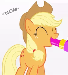 Size: 529x586 | Tagged: applejack, derpibooru import, eating, eyes closed, female, lipstick, nom, not porn, simple background, solo, solo female, suggestive