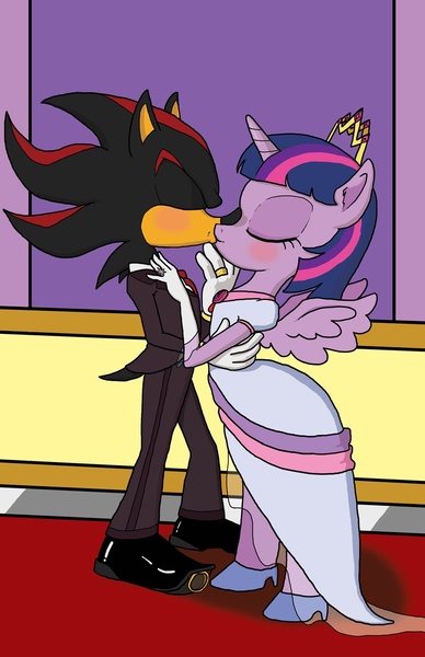 Size: 825x1275 | Tagged: anthro, artist:bico-kun, blushing, clothes, commission, crossover, crossover shipping, derpibooru import, dress, female, interspecies, kissing, male, ring, safe, shadow the hedgehog, shadtwi, shipping, sonic the hedgehog (series), straight, tiara, tuxedo, twilight sparkle, twilight sparkle (alicorn), unguligrade anthro, why