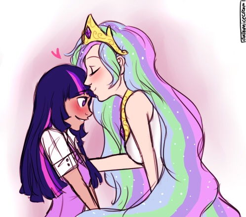 Size: 498x439 | Tagged: artist:dashyice, blushing, derpibooru import, female, human, humanized, kissing, lesbian, light skin, moderate dark skin, princess celestia, safe, shipping, twilestia, twilight sparkle