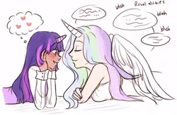 Size: 496x323 | Tagged: artist:dashyice, blushing, derpibooru import, dialogue, eyes closed, eyes on the prize, female, grin, horned humanization, human, humanized, lesbian, light skin, moderate dark skin, princess celestia, prone, safe, shipping, smiling, speech bubble, thought bubble, twilestia, twilight sparkle