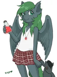 Size: 500x673 | Tagged: amulet, anthro, anthro oc, artist:the-rasp-b, clothes, dawn, dead source, derpibooru import, doll, erlenmeyer flask, female, flask, necklace, oc, pegasus, plushie, potion, safe, skirt, solo, torn ear, unofficial characters only, voodoo doll, witch doctor