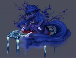 Size: 4800x3700 | Tagged: safe, artist:forgotten-wings, derpibooru import, princess luna, alicorn, pony, crown, crying, dirt cube, female, hoof shoes, jewelry, mare, moonbutt, peytral, plot, prone, regalia, solo, surreal, water