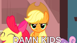 Size: 960x540 | Tagged: animated, annoyed, apple bloom, applejack, caption, cutie mark crusaders, derp, derpibooru import, edit, edited screencap, excited, frown, gif, happy, hopping, image macro, irrational exuberance, jumping, one bad apple, pronking, safe, scootaloo, screencap, smiling, sweetie belle, unamused, vulgar