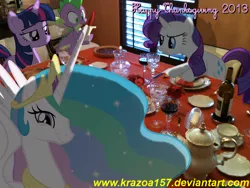 Size: 1024x768 | Tagged: safe, artist:krazoa157, derpibooru import, princess celestia, rarity, spike, twilight sparkle, food, irl, photo, ponies in real life, table, thanksgiving