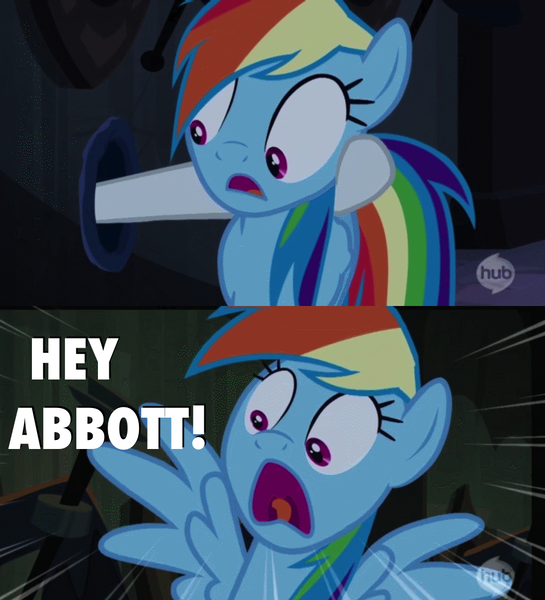 Size: 957x1053 | Tagged: abbott and costello, castle mane-ia, derpibooru import, hooves, hubble, hub logo, image macro, rainbow dash, rarity, safe, scared, text, yelling