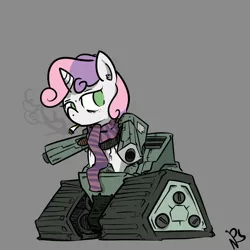 Size: 1600x1600 | Tagged: safe, artist:whydomenhavenipples, derpibooru import, sweetie belle, pony, robot, robot pony, unicorn, clothes, female, filly, foal, gray background, hooves, horn, scarf, signature, simple background, smoke, smoking, solo, sweetie bot, tank (vehicle), wat, weapon