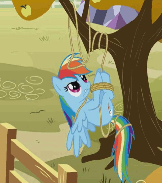 Size: 638x718 | Tagged: animated, bondage, cropped, derpibooru import, fall weather friends, fence, hogtied, loop, rainbond dash, rainbow dash, rope, safe, screencap, solo, struggling, suspended, tied up, tree