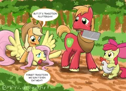 Size: 1200x868 | Tagged: safe, artist:empyu, derpibooru import, apple bloom, applejack, big macintosh, fluttershy, chicken, earth pony, pegasus, pony, apple siblings, cleaver, crying, dialogue, eyes closed, female, filly, frown, imminent decapitation, implied ponies eating meat, male, mare, meat cleaver, mouth hold, open mouth, prone, restrained, scared, sitting, spread wings, stallion, struggling, text, thanksgiving, tongue out, tradition, wide eyes, wings, yelling