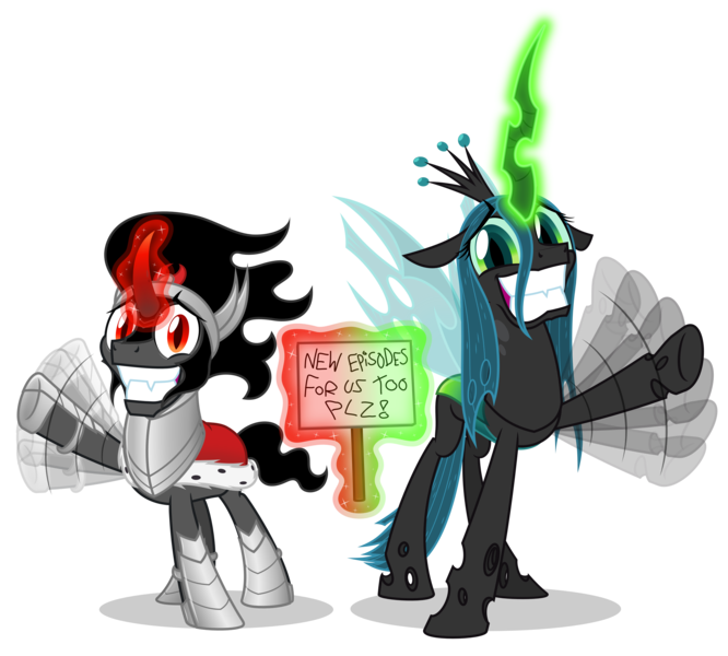 Size: 5000x4505 | Tagged: safe, artist:zutheskunk, derpibooru import, king sombra, queen chrysalis, changeling, changeling queen, pony, unicorn, absurd resolution, cute, cutealis, duo, faic, female, glowing horn, hilarious in hindsight, irrational exuberance, looking at you, magic, male, meta, sign, simple background, smiling, sombradorable, stallion, transparent background, vector