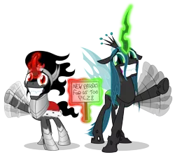 Size: 5000x4505 | Tagged: safe, artist:zutheskunk, derpibooru import, king sombra, queen chrysalis, changeling, changeling queen, pony, unicorn, absurd resolution, cute, cutealis, duo, faic, female, glowing horn, hilarious in hindsight, irrational exuberance, looking at you, magic, male, meta, sign, simple background, smiling, sombradorable, stallion, transparent background, vector