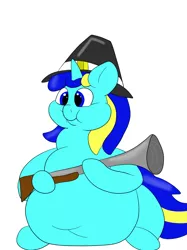 Size: 1280x1707 | Tagged: safe, artist:watertimdragon, derpibooru import, oc, oc:jester bells, unofficial characters only, belly, belly button, blunderbuss, boomstick, fat, gun, morbidly obese, obese, solo, thanksgiving