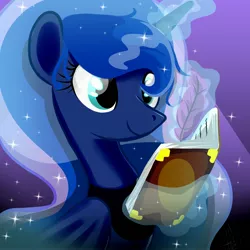 Size: 4000x4000 | Tagged: safe, artist:xwhitedreamsx, derpibooru import, princess luna, journal of the two sisters, book, close-up, diary, journal, magic, quill, smiling, solo