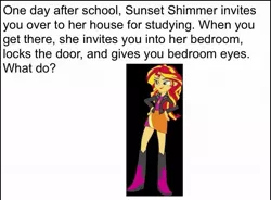 Size: 640x470 | Tagged: suggestive, derpibooru import, sunset shimmer, equestria girls, anime battle thread, bronybait, meme, solo, text, what do