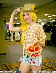 Size: 3456x4472 | Tagged: anime world chicago, anime world chicago 2012, apple, applejack, artist:piichixchan, basket, clothes, convention, cosplay, daisy dukes, derpibooru import, front knot midriff, human, irl, irl human, midriff, photo, safe, solo