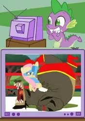 Size: 418x598 | Tagged: bear, derpibooru import, edit, edited screencap, exploitable meme, fluttershy, harry, lesson zero, meme, obligatory pony, rainbow mika, safe, screencap, spike, street fighter, tv meme, wrestling, zangief