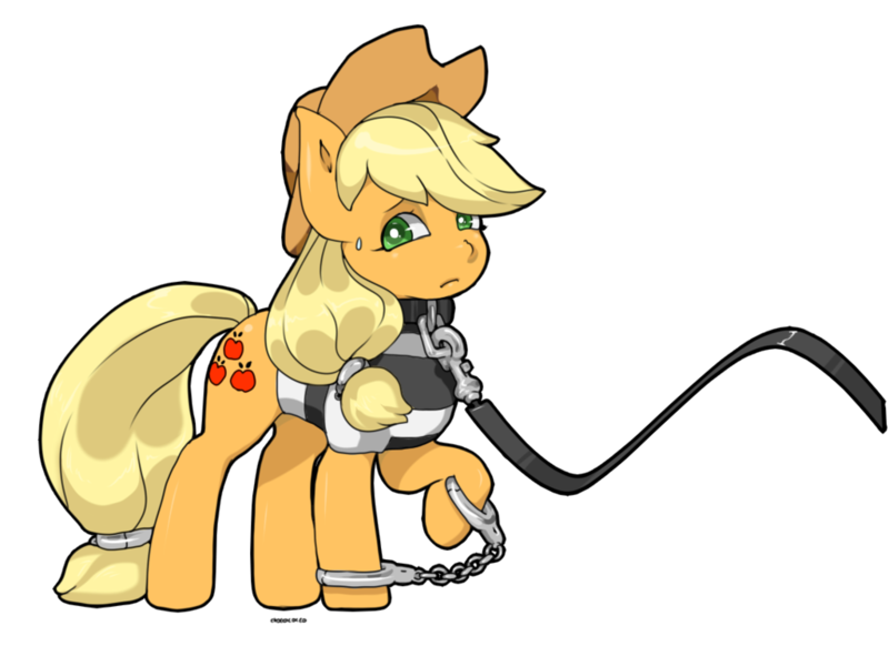 Size: 1024x745 | Tagged: applejack, artist:choco-cocco, clothes, collar, cuffs, derpibooru import, leash, prison outfit, prison stripes, sad, safe, shackles, simple background, solo, tailcuff