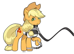 Size: 1024x745 | Tagged: applejack, artist:choco-cocco, clothes, collar, cuffs, derpibooru import, leash, prison outfit, prison stripes, sad, safe, shackles, simple background, solo, tailcuff