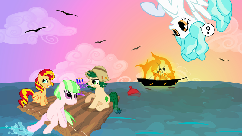 Size: 1280x720 | Tagged: safe, artist:violetclm, derpibooru import, drama letter, paisley, sunset shimmer, sweet leaf, watermelody, ponified, pony, equestria girls, background human, equestria girls ponified, fire, hanukkah, menorah, ocean, raft, shimmer six, shipwreck, water