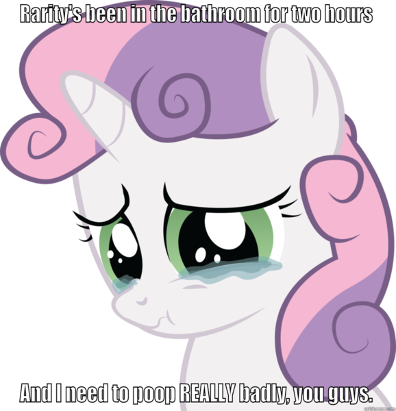 Size: 877x911 | Tagged: caption, crying, derpibooru import, image macro, poop, solo, suggestive, sweetie belle, sweetiepoo