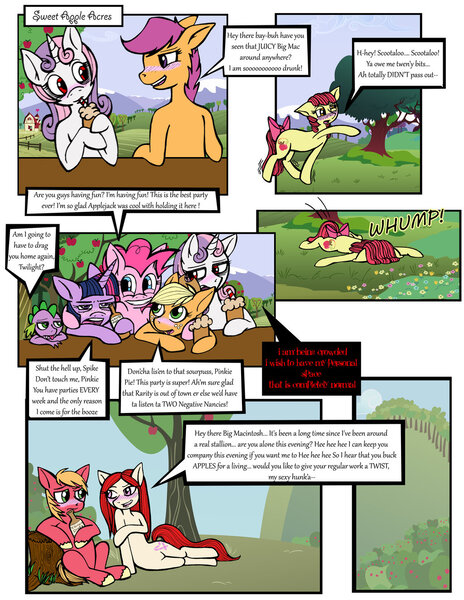 Size: 1024x1325 | Tagged: safe, artist:soulveiwinterfall, derpibooru import, apple bloom, applejack, big macintosh, pinkie pie, scootaloo, spike, sweetie belle, twilight sparkle, twist, earth pony, pony, blushing, cider, comic, dialogue, drunk, drunk aj, drunk twilight, drunkaloo, drunker belle, drunker bloom, drunkie belle, drunkie pie, implied straight, mactwist, male, older, scootamac, shipping, stallion, straight, thrackerzod, underaged drinking